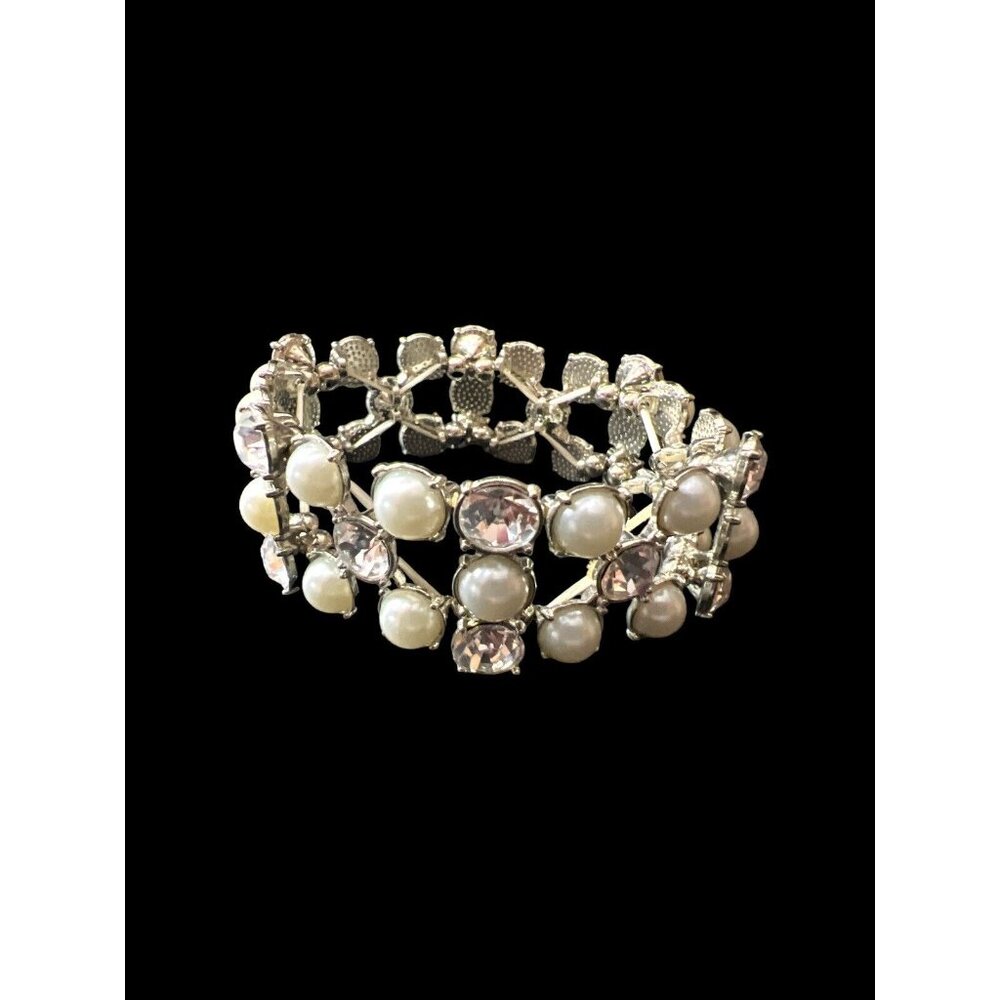 Very Fancy Silver Pearl & Faux Diamond Dressy Stretchy Bracelet